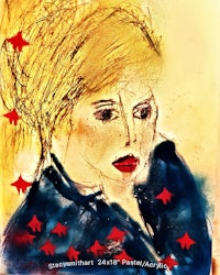 a drawing of a woman with red leaves on her face