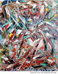 an abstract painting with red, green, and blue colors