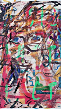 an abstract painting of a woman wearing glasses